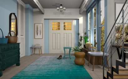 Entrée d'une maison bleue et blanche avec meubles en bois